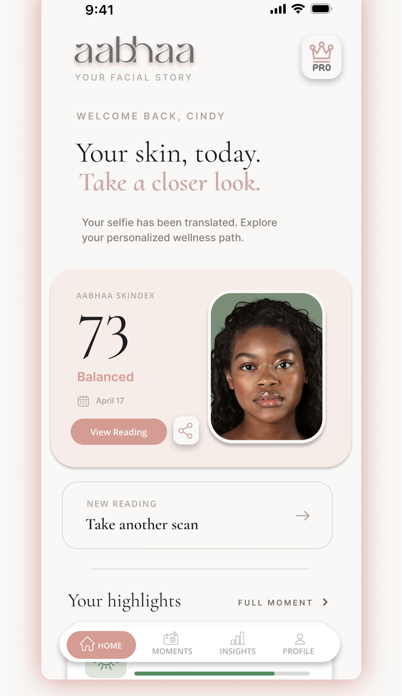 Aabhaa app home screen showing your skin reading